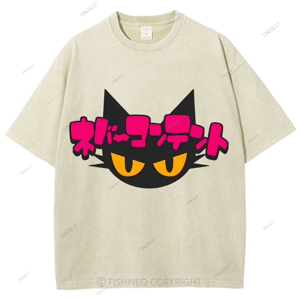 Unisex Japanese Cat Printed Washed Tee