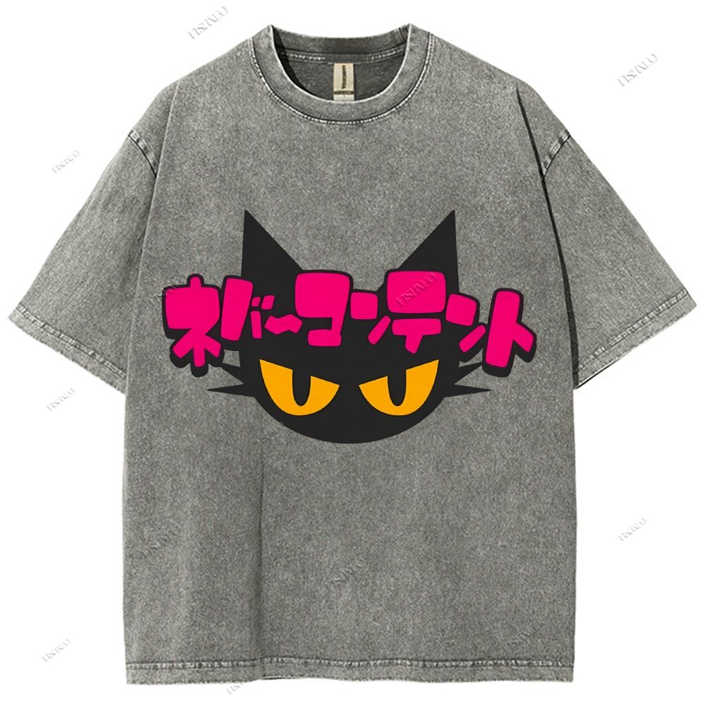Unisex Japanese Cat Printed Washed Tee