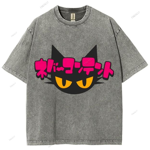 Unisex Japanese Cat Printed Washed Tee