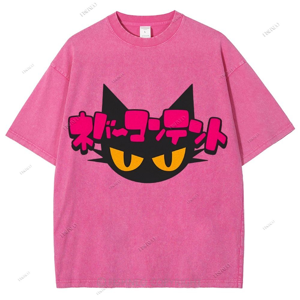 Unisex Japanese Cat Printed Washed Tee