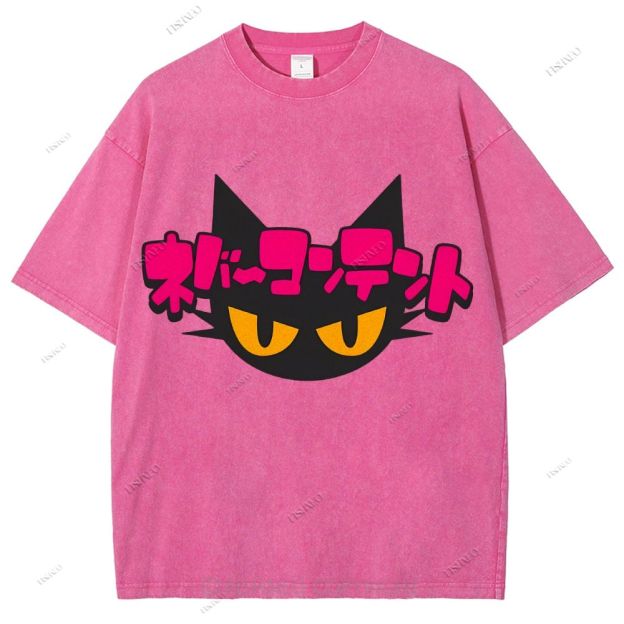 Unisex Japanese Cat Printed Washed Tee
