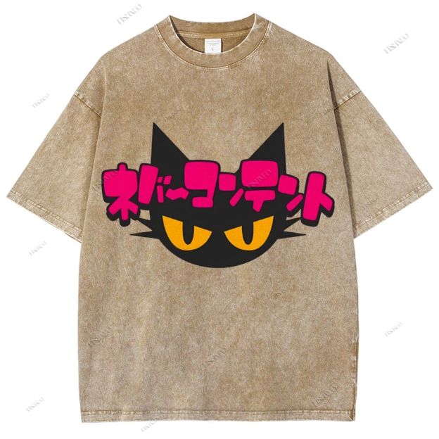 Unisex Japanese Cat Printed Washed Tee
