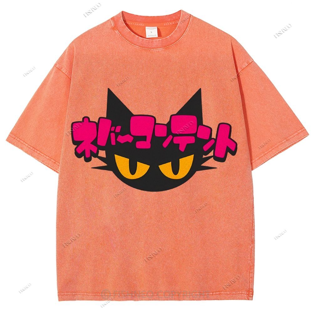 Unisex Japanese Cat Printed Washed Tee