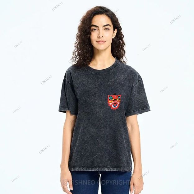Unisex Lion Dance Graffiti Printed Design Back Washed Tee