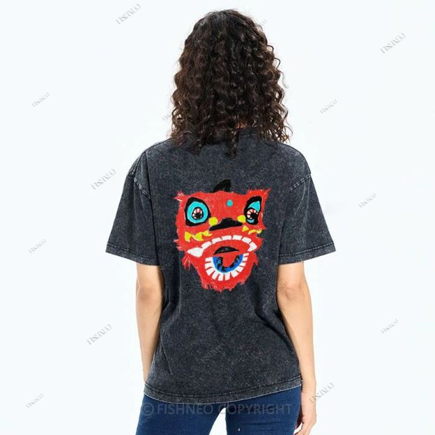 Unisex Lion Dance Graffiti Printed Design Back Washed Tee