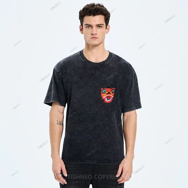 Unisex Lion Dance Graffiti Printed Design Back Washed Tee