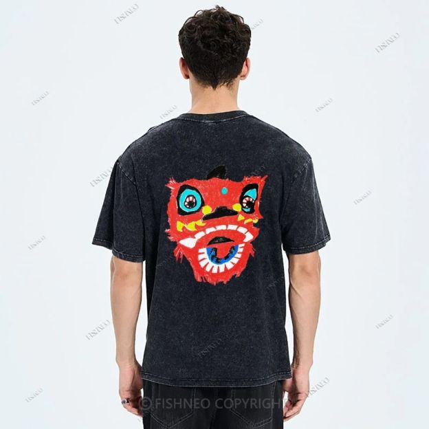 Unisex Lion Dance Graffiti Printed Design Back Washed Tee