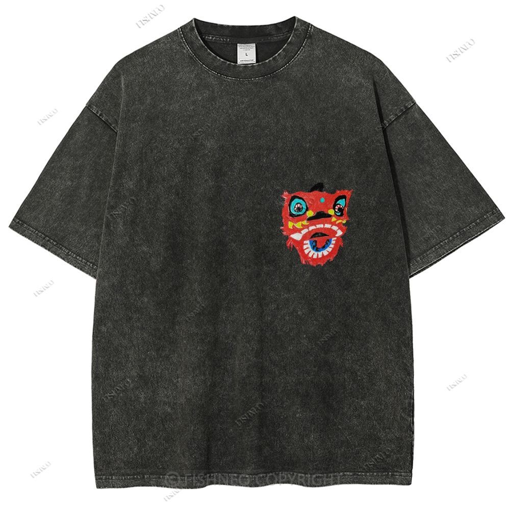 Unisex Lion Dance Graffiti Printed Design Back Washed Tee