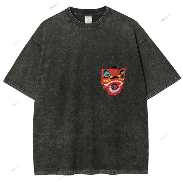 Unisex Lion Dance Graffiti Printed Design Back Washed Tee