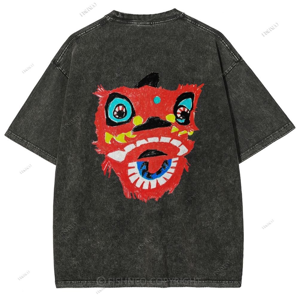 Unisex Lion Dance Graffiti Printed Design Back Washed Tee
