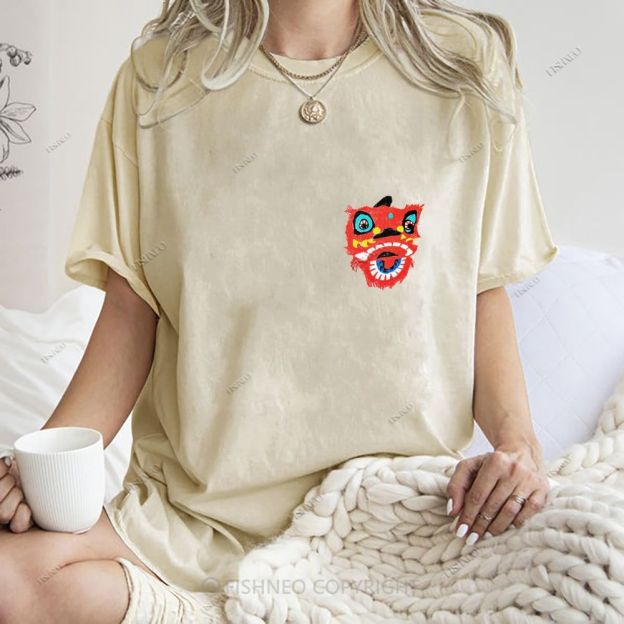 Unisex Lion Dance Graffiti Printed Design Back Washed Tee
