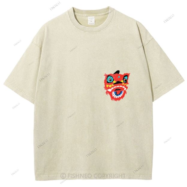 Unisex Lion Dance Graffiti Printed Design Back Washed Tee