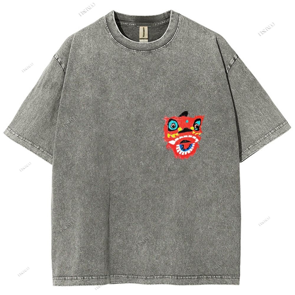 Unisex Lion Dance Graffiti Printed Design Back Washed Tee