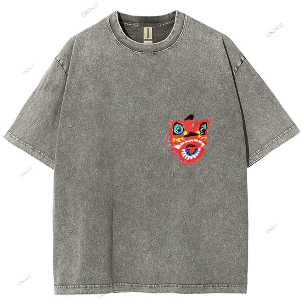 Unisex Lion Dance Graffiti Printed Design Back Washed Tee