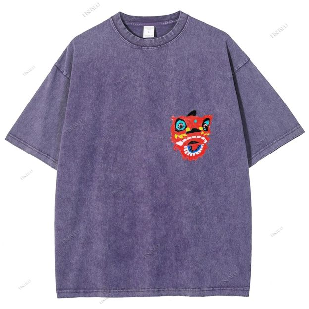 Unisex Lion Dance Graffiti Printed Design Back Washed Tee