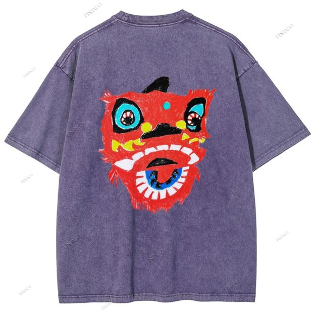 Unisex Lion Dance Graffiti Printed Design Back Washed Tee