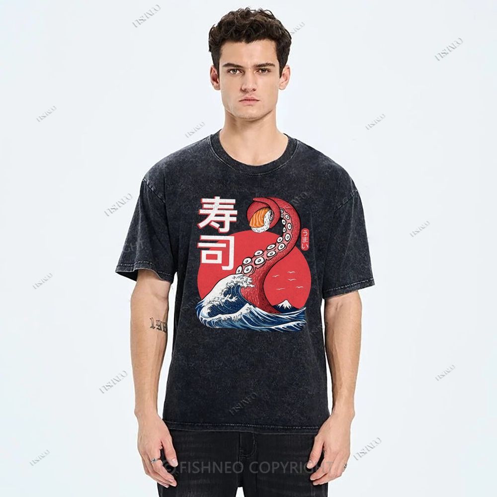 Unisex Octopus Sushi Kawaii Printed Washed Tee