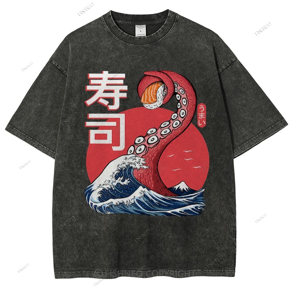 Unisex Octopus Sushi Kawaii Printed Washed Tee