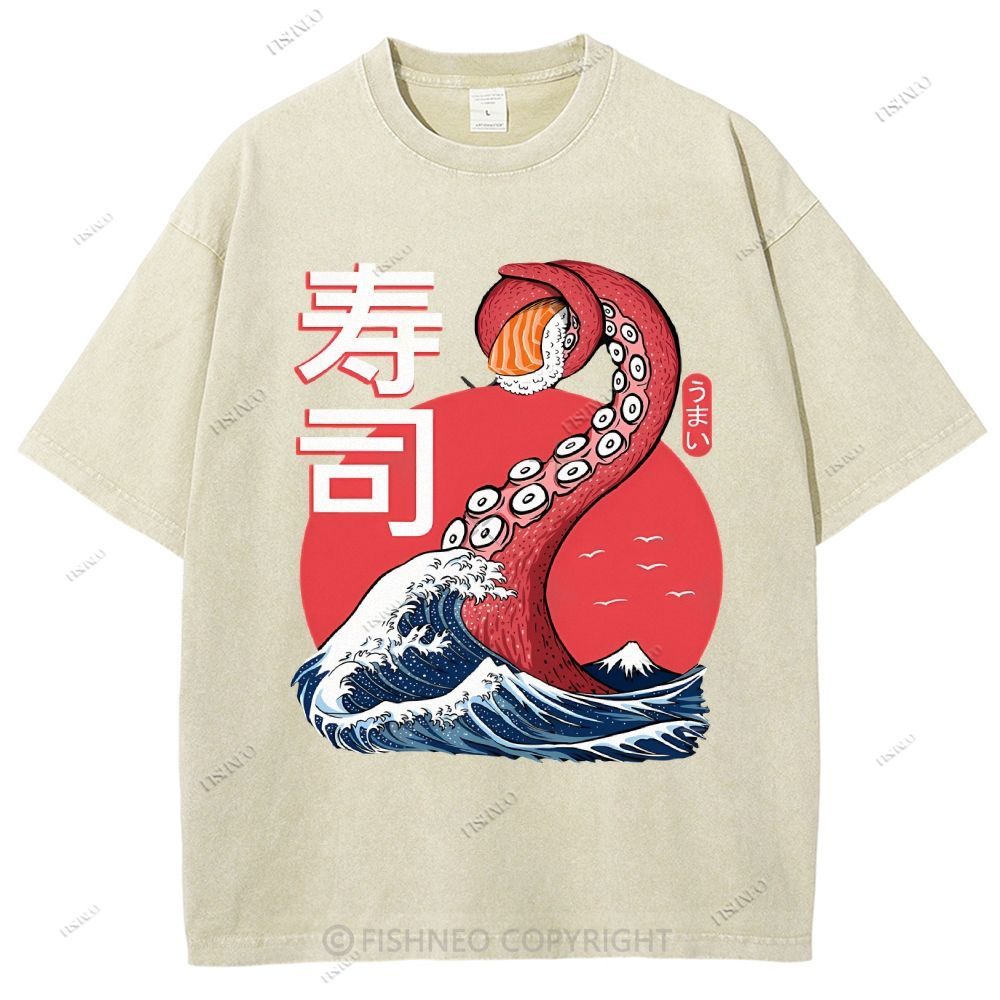 Unisex Octopus Sushi Kawaii Printed Washed Tee