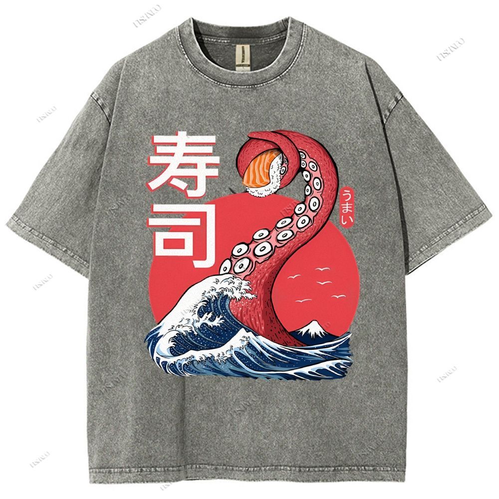 Unisex Octopus Sushi Kawaii Printed Washed Tee