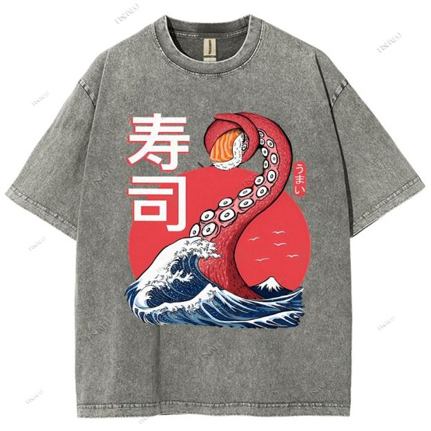 Unisex Octopus Sushi Kawaii Printed Washed Tee