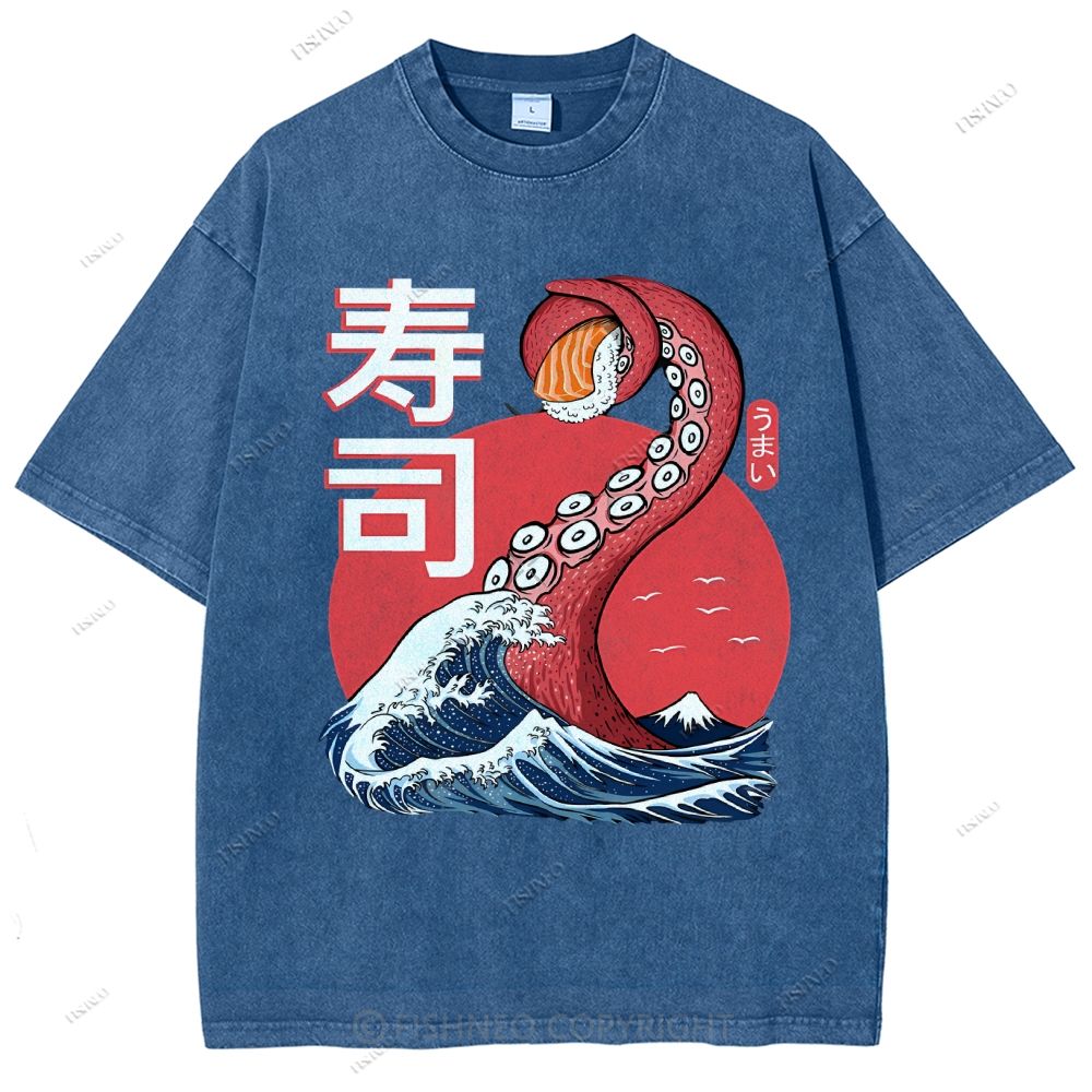 Unisex Octopus Sushi Kawaii Printed Washed Tee