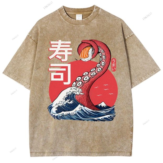 Unisex Octopus Sushi Kawaii Printed Washed Tee
