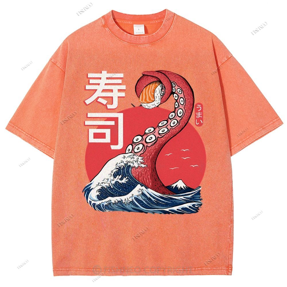 Unisex Octopus Sushi Kawaii Printed Washed Tee