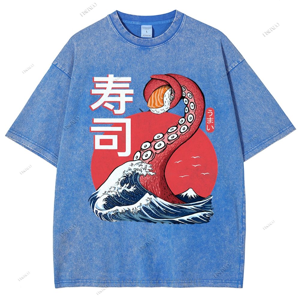 Unisex Octopus Sushi Kawaii Printed Washed Tee