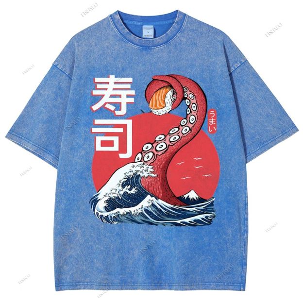 Unisex Octopus Sushi Kawaii Printed Washed Tee