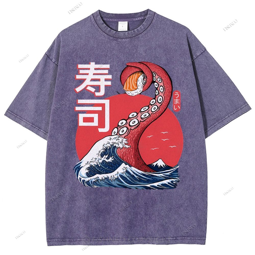 Unisex Octopus Sushi Kawaii Printed Washed Tee
