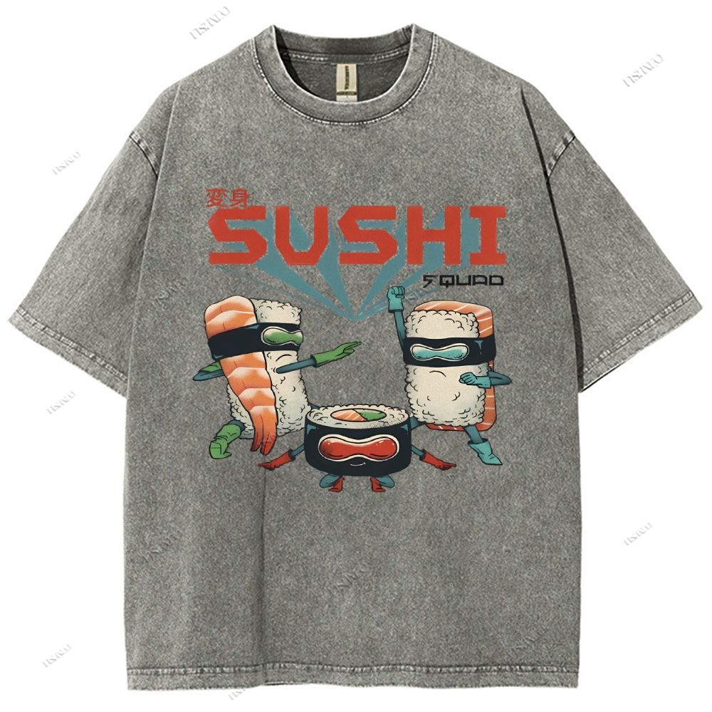 Unisex Sushi Printed Washed Tee
