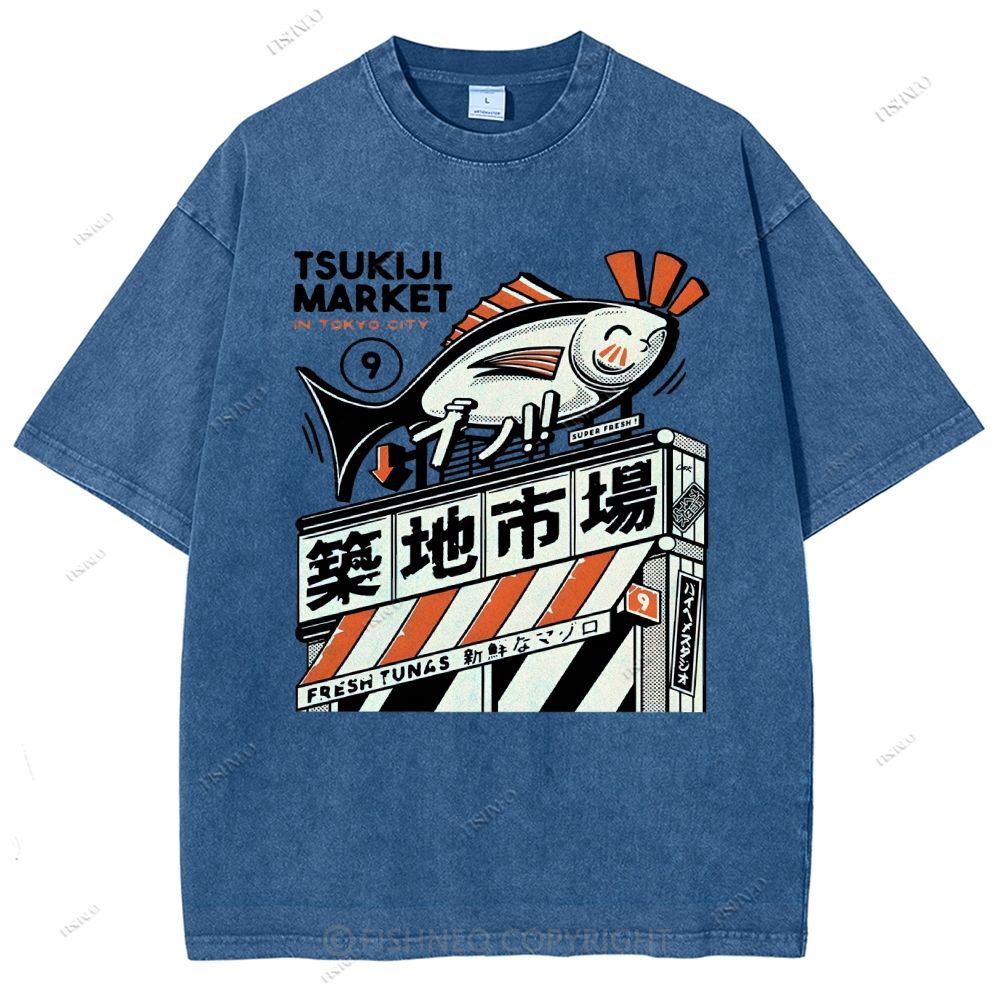 Unisex Tsukiji Market Printed Washed Tee