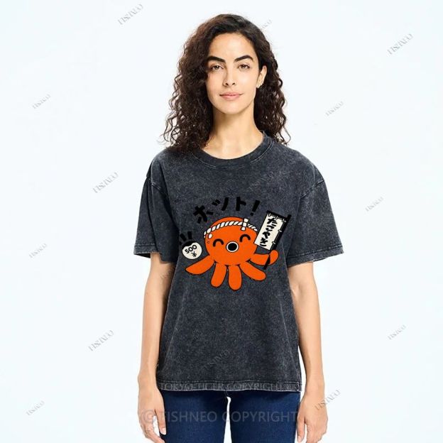 Unisex Japanese Octopus Printed Washed Tee