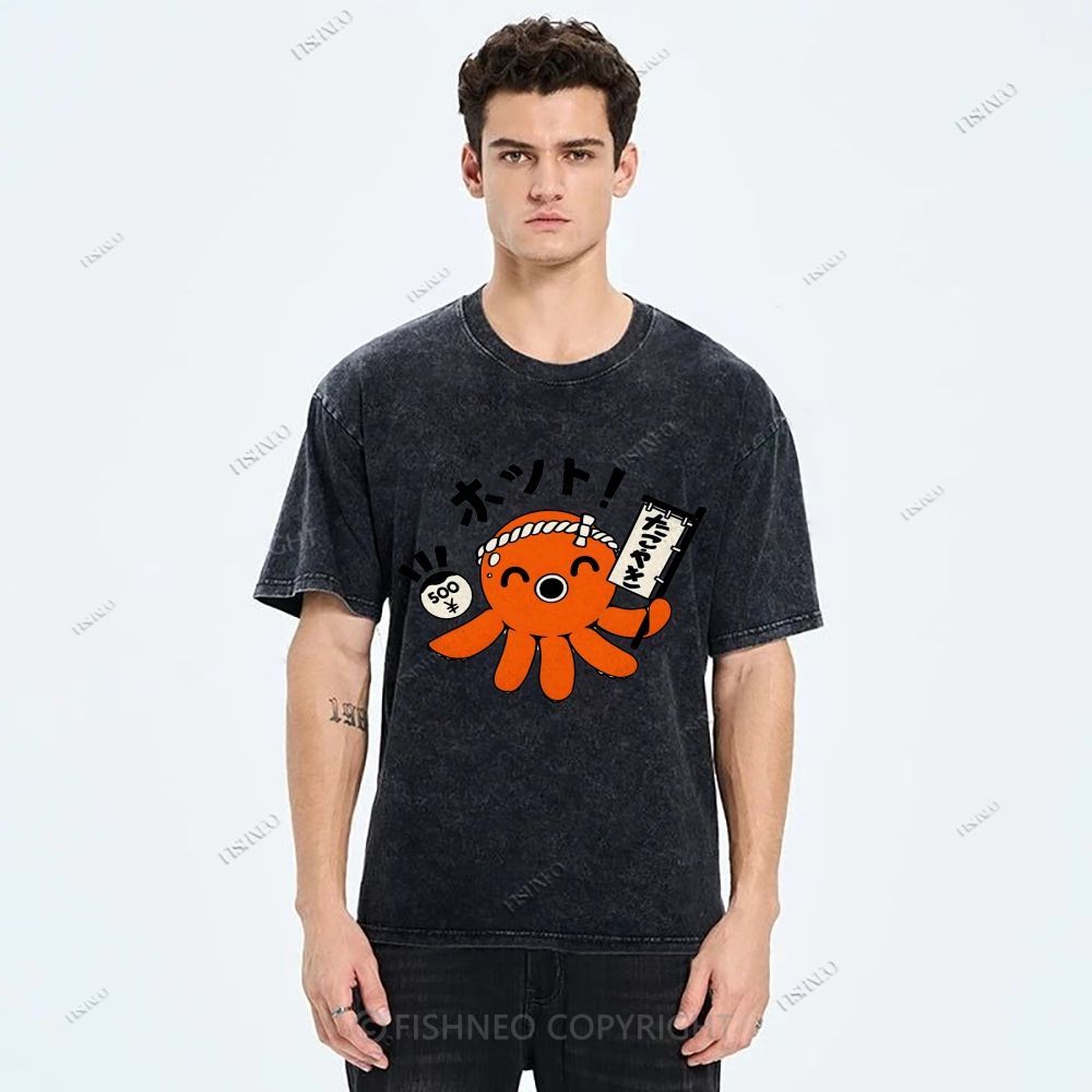 Unisex Japanese Octopus Printed Washed Tee
