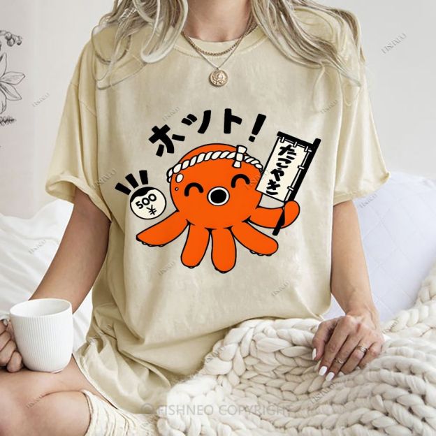 Unisex Japanese Octopus Printed Washed Tee