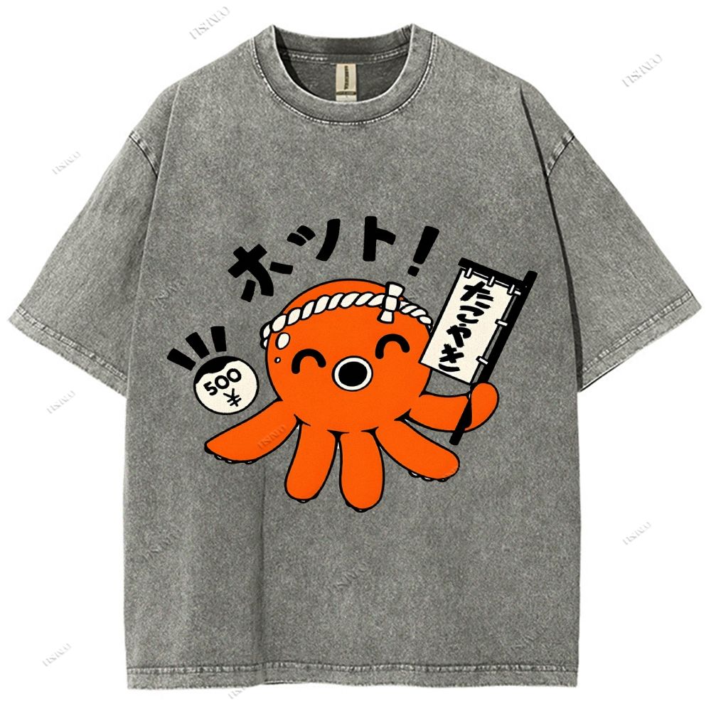 Unisex Japanese Octopus Printed Washed Tee