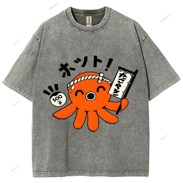 Unisex Japanese Octopus Printed Washed Tee