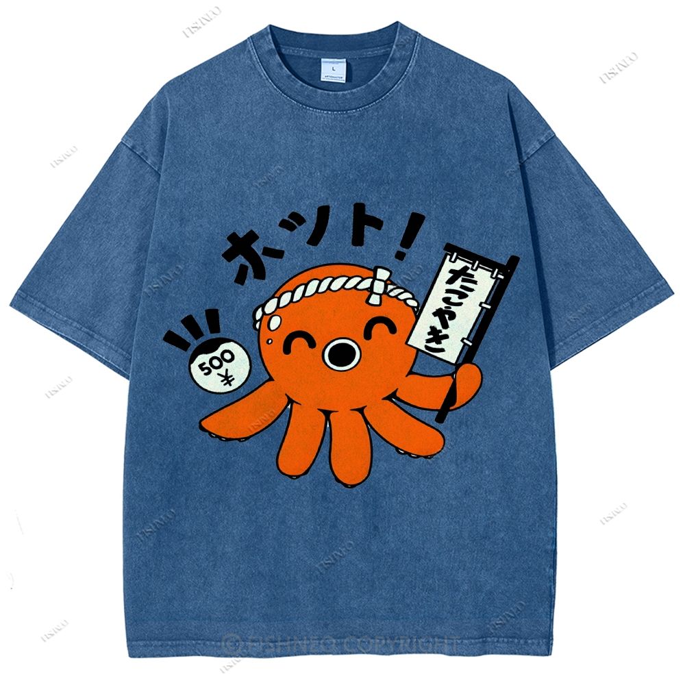 Unisex Japanese Octopus Printed Washed Tee