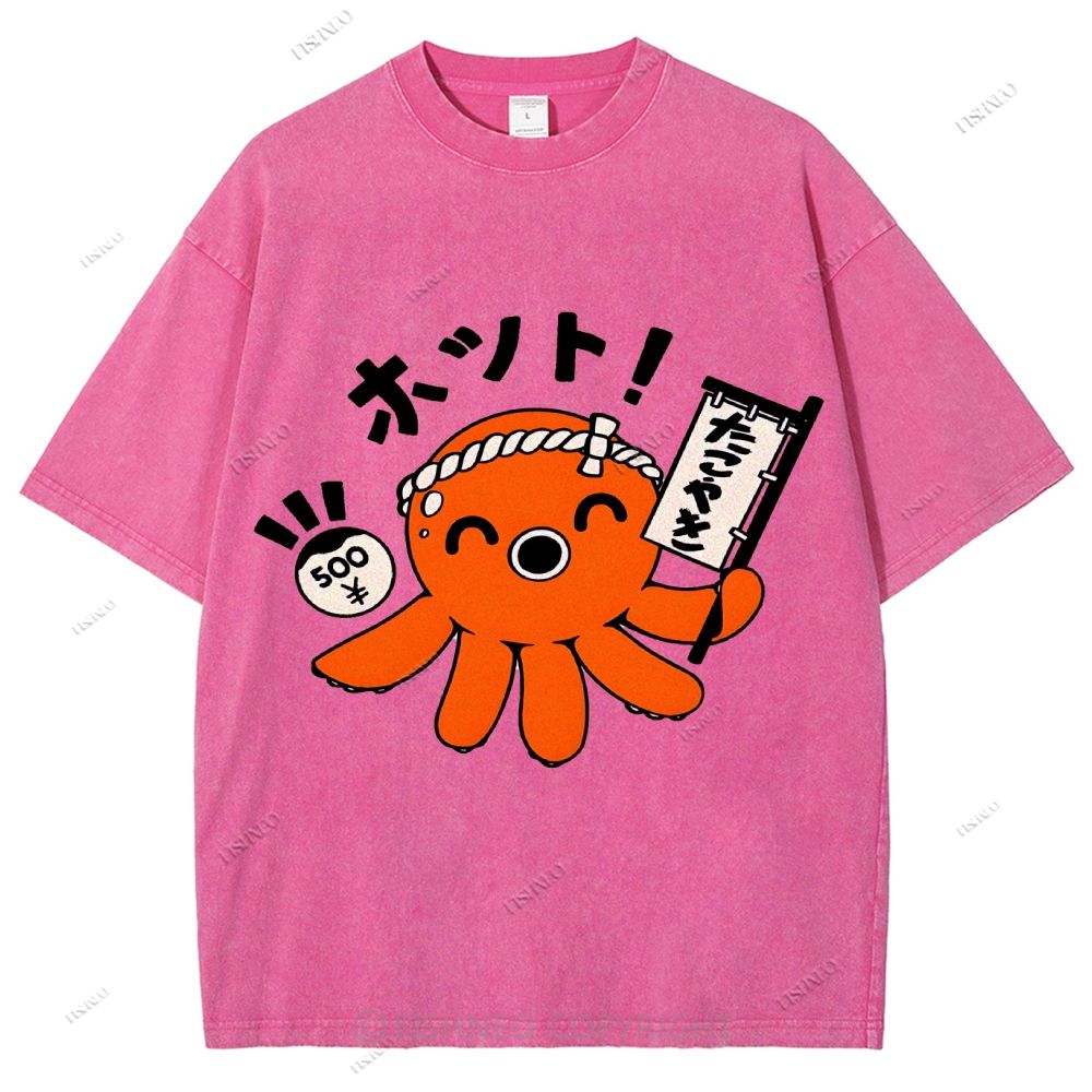 Unisex Japanese Octopus Printed Washed Tee