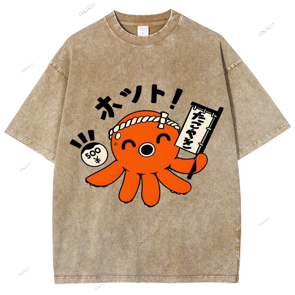 Unisex Japanese Octopus Printed Washed Tee