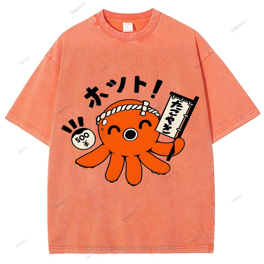 Unisex Japanese Octopus Printed Washed Tee