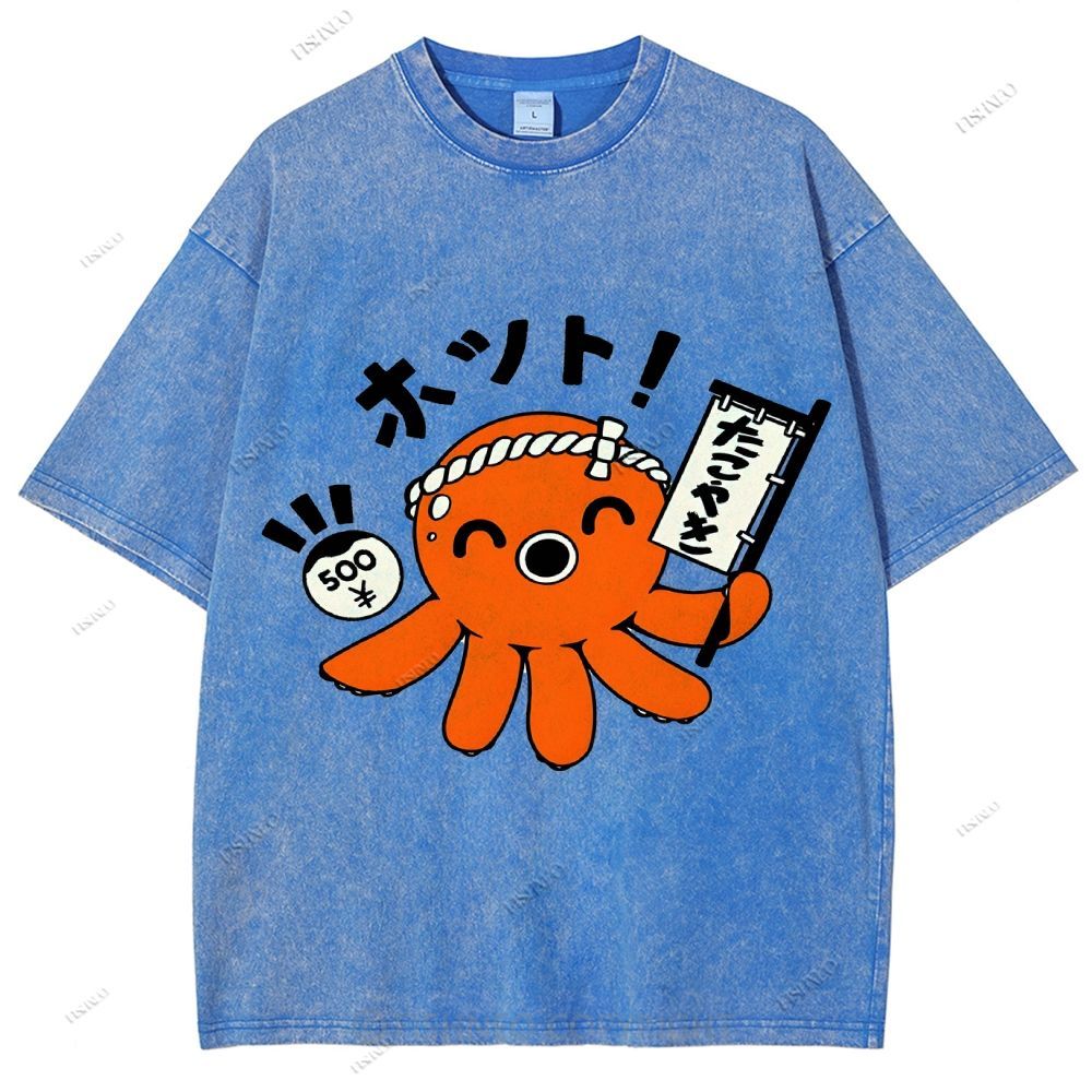 Unisex Japanese Octopus Printed Washed Tee