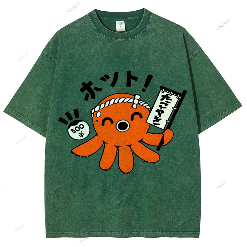 Unisex Japanese Octopus Printed Washed Tee