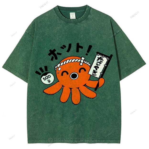 Unisex Japanese Octopus Printed Washed Tee