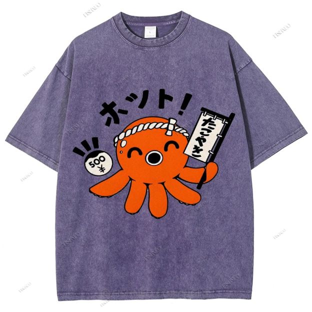 Unisex Japanese Octopus Printed Washed Tee