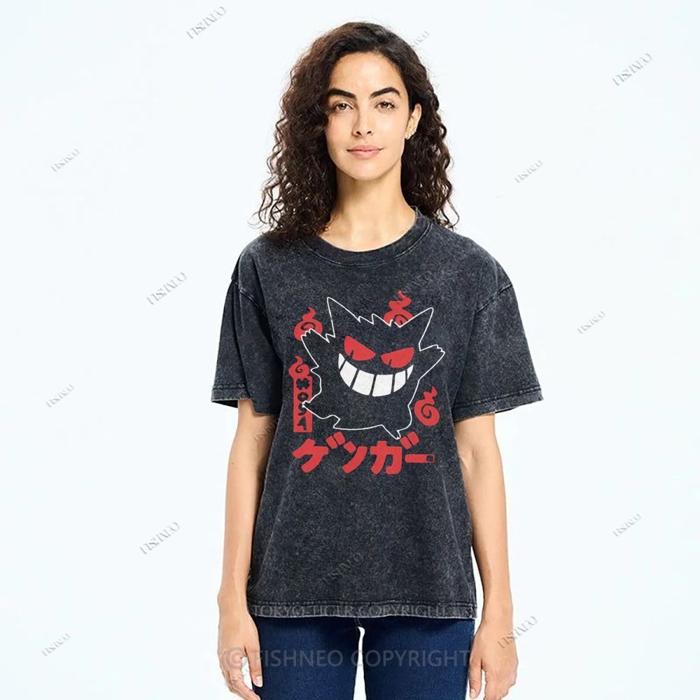 Unisex Cartoon Demon Printed Washed Tee