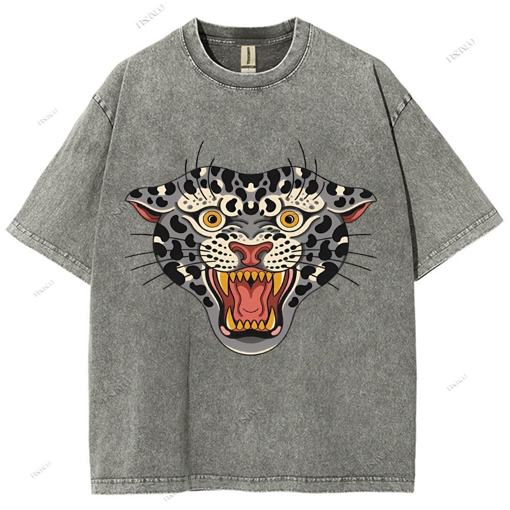 Unisex Vintage Growling Leopard Printed Washed Tee