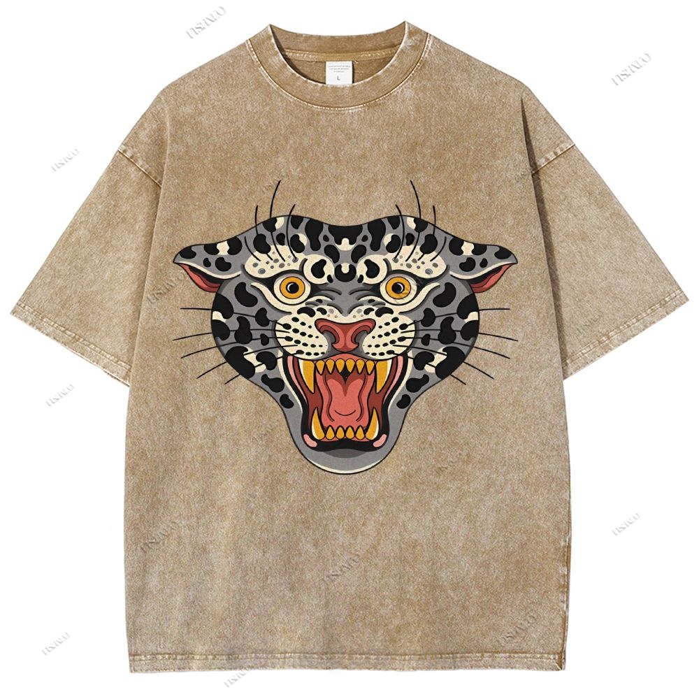 Unisex Vintage Growling Leopard Printed Washed Tee