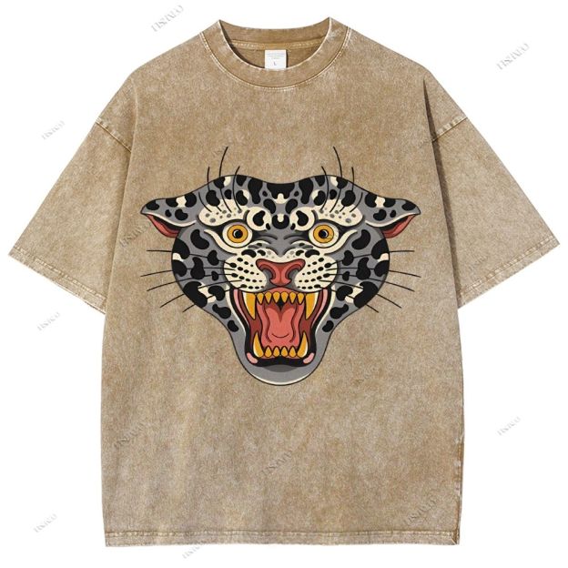 Unisex Vintage Growling Leopard Printed Washed Tee
